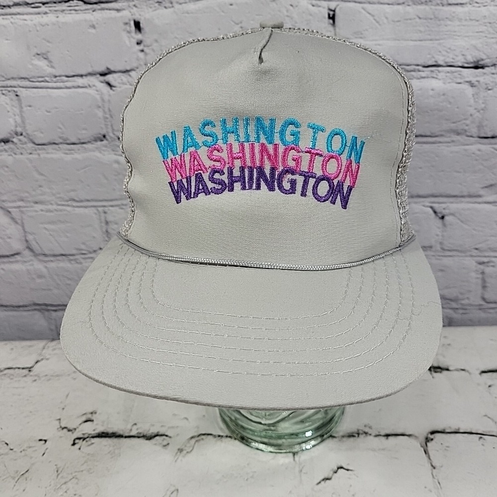 Vintage Washington Trucker Hat Gray Rope Front Snapback Multicolor Spell Out